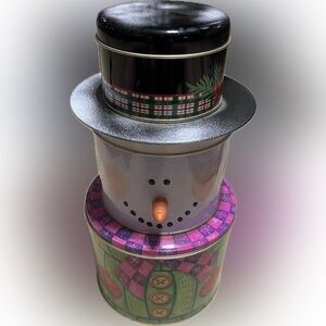 💥Stacking Snowman Tin Container Winter Holiday Christmas Gift Bakeware Metal